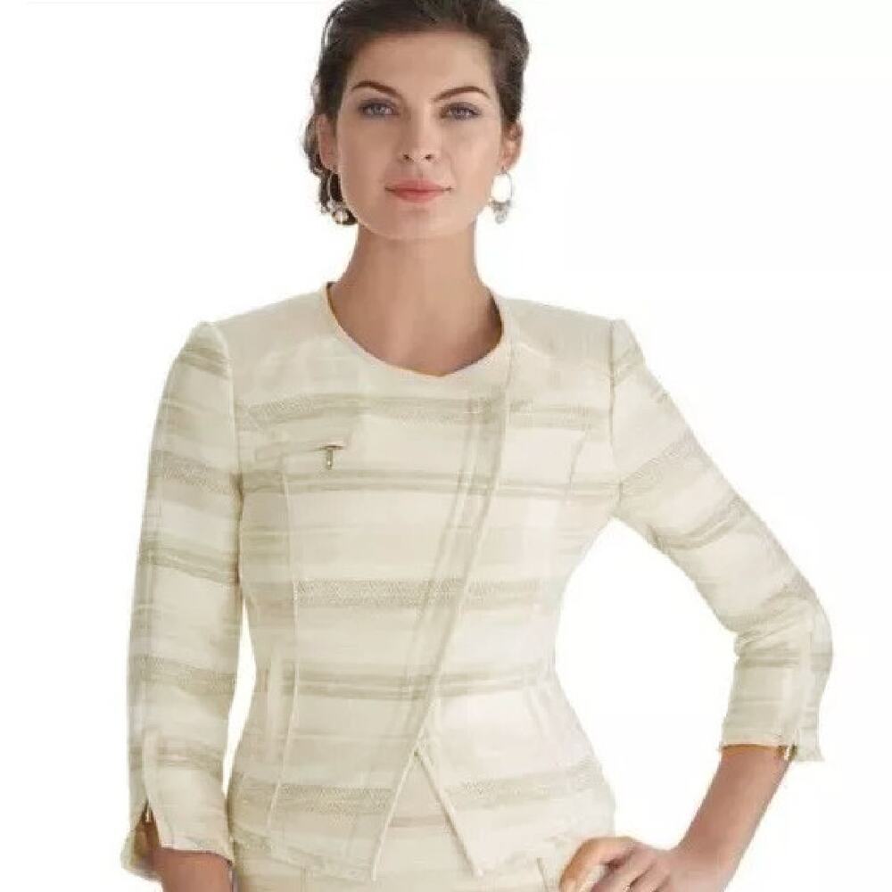 White House Black Market Beige Stripe Short Moto Jacket Blazer Size 10 Cream
